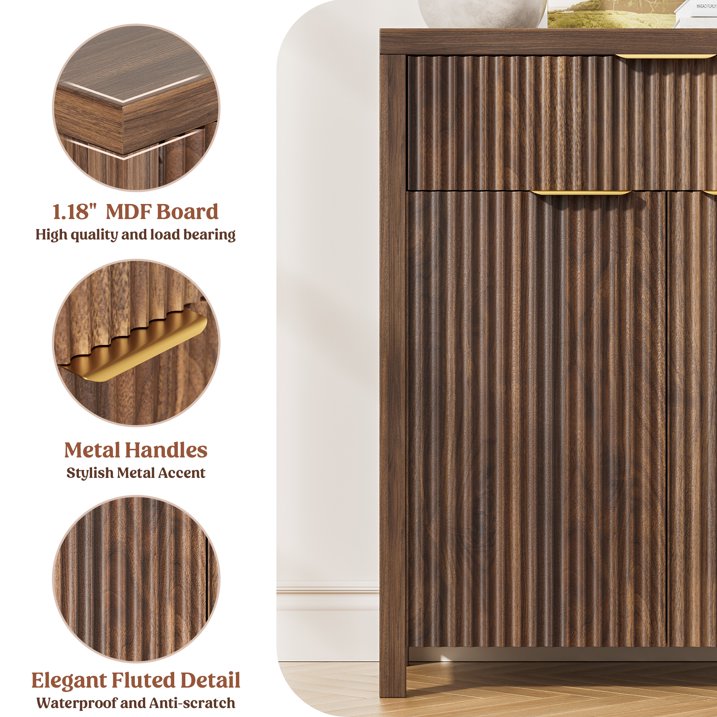 GIKPAL Buffet Sideboard Cabinet with Drawers Set of 3, Modern Fluted Storage Cabinet with Adjustable Shelves, Accent Entryway Cabinet TV Stand for Dining Room, Kitchen, Living Room, Walnut