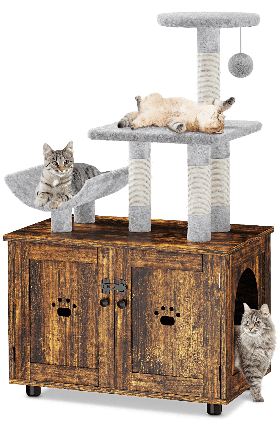 Lulive Cat Litter Box Enclosure, Hidden Cat Washroom Furniture with Cat Tree Tower, All-in-one Cat Indoor House with Platform, Scratching Post and Condo (Rustic Brown)