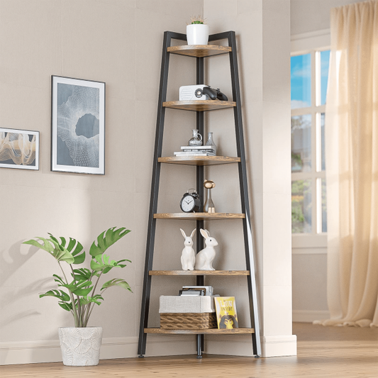 Lulive 6 Tier Corner Shelf, 68.9" Industrial Tall Corner Ladder Shelf Stand, Corner Bookshelf Bookcase Shelving Units for Living Room, Home Office, Balcony, Small Space