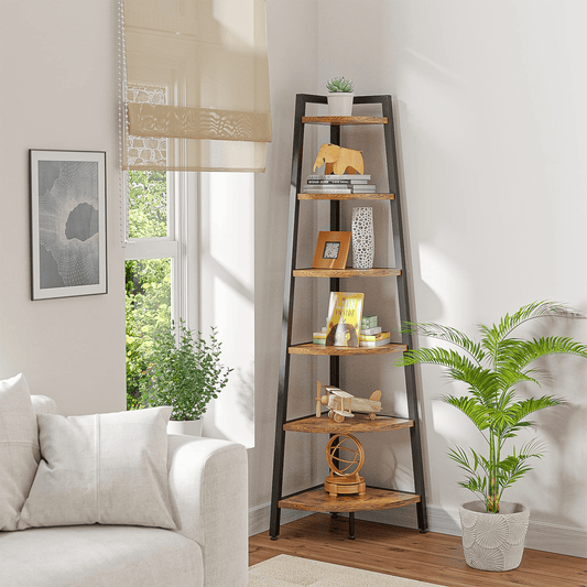 Lulive 6 Tier Corner Shelf, 68.9" Industrial Tall Corner Ladder Shelf Stand, Corner Bookshelf Bookcase for Living Room, Home Office, Balcony, Small Space