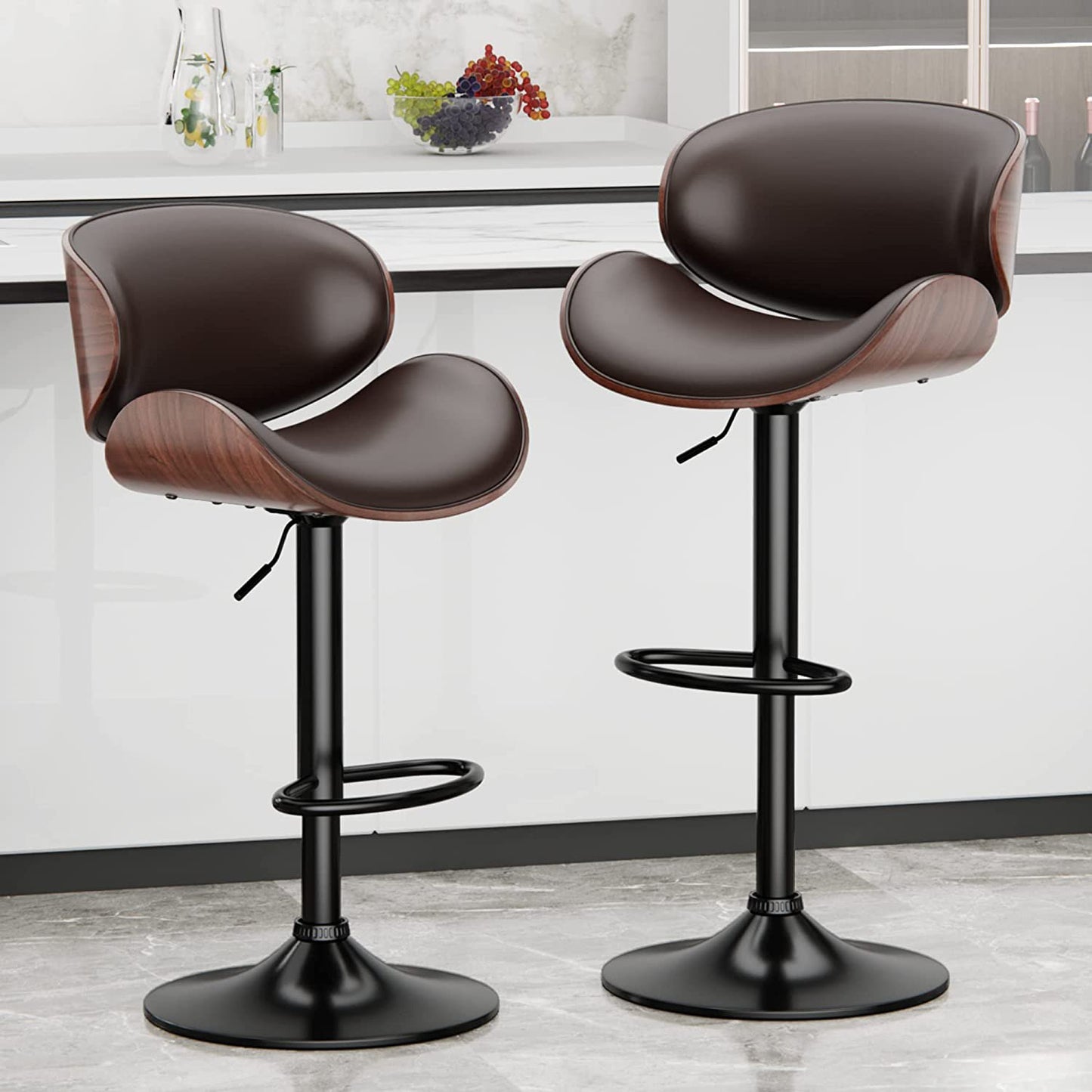 Aowos Bar Stool Adjustable Swivel Bar Stools Set of 2, Mid-Century Modern PU Leather Upholstered Counter Barstools, Kitchen Island Chair with Back Set of 2, Brown