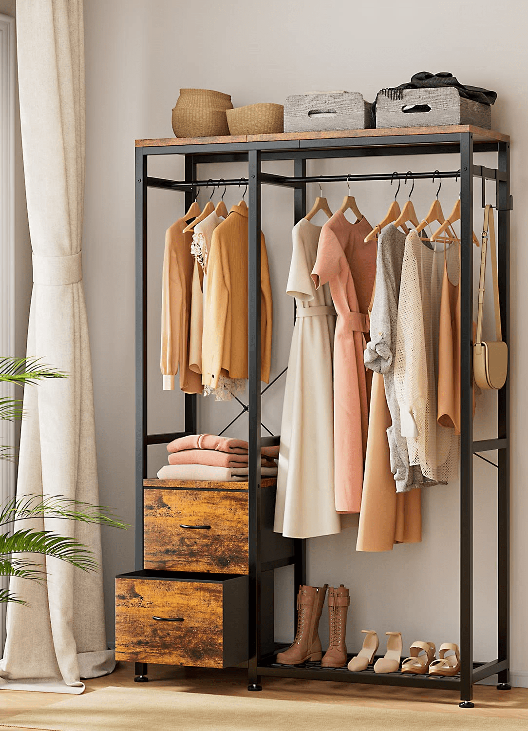 Lulive Clothes Racks, Heavy Duty Garment Rack for Hanging Clothes with Shelves 2 Drawers 4 Hooks 2 Hanging Rods Freestanding Closet Organizer, Rustic Brown