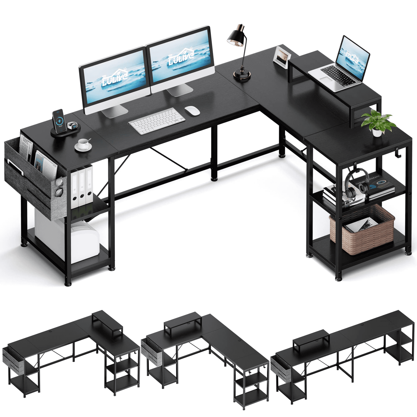 Lulive 95" Reversible Computer Desk, L Shaped Office Desk with Shelves/Monitor Stand/ Storage Bag/Hooks for Home Office(Black)