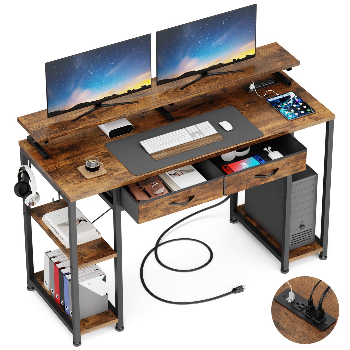 GIKPAL Computer Desk 47" Table Office Desk with Drawers& Storage Shelves&Power Outlets, Home Work Writing Desk & Large Space Monitor Stand, Rustic Brown