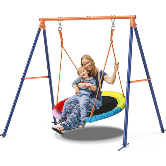 Tiikiy Swing Set with Saucer, 440lbs Saucer Swing with Stand for 2-3 kids Outdoor Play, 40in Round Saucer Swing Adjustment Rope, Rainbow